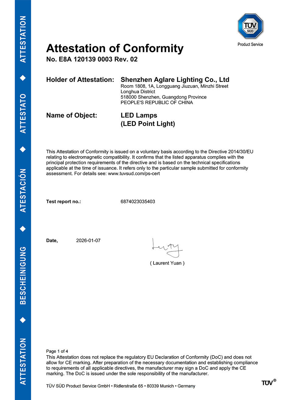 ag真人国际照明发光字装饰led灯胆通过TUV CE(EMC)认证